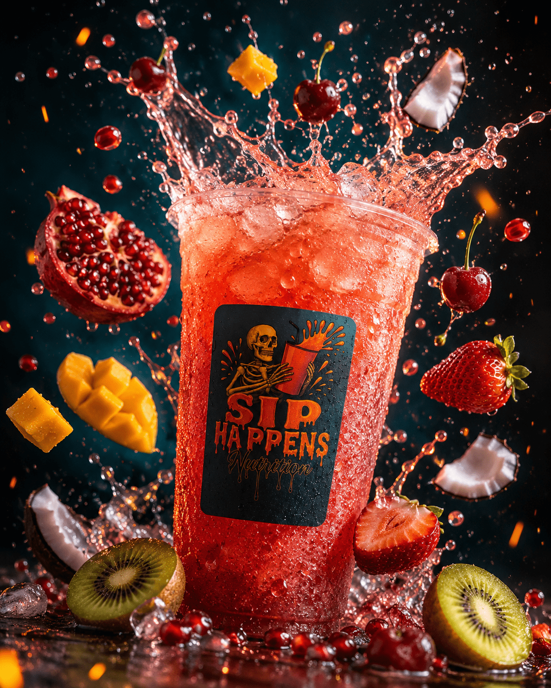 Sip Happens Nutrition iced red drink in a cup surrounded by splashing liquid and fresh fruits including pomegranate, mango, kiwi, strawberry, cherry, and coconut