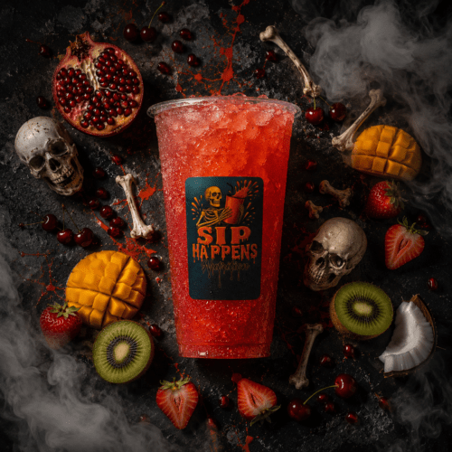 Sip Happens Nutrition red iced drink surrounded by fresh fruits including mango, strawberries, cherries, kiwi, pomegranate, and coconut with spooky skull props and dry ice smoke