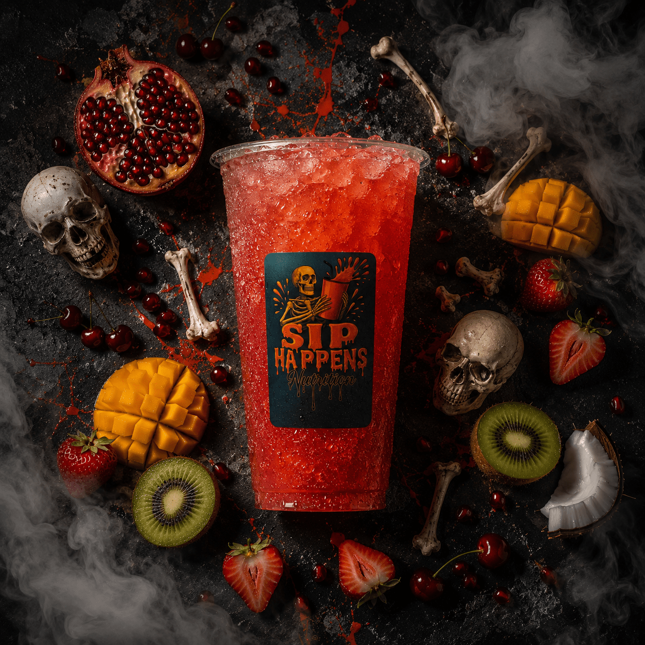 Sip Happens Nutrition red iced drink surrounded by fresh fruits including mango, strawberries, cherries, kiwi, pomegranate, and coconut with spooky skull props and dry ice smoke