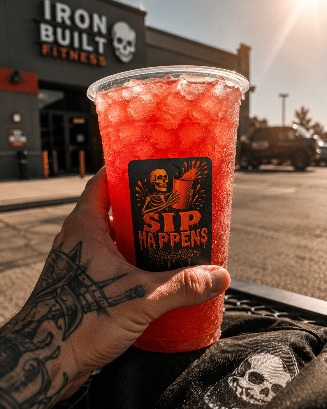 Tattooed hand holding a red iced drink from Sip Happens Nutrition outside