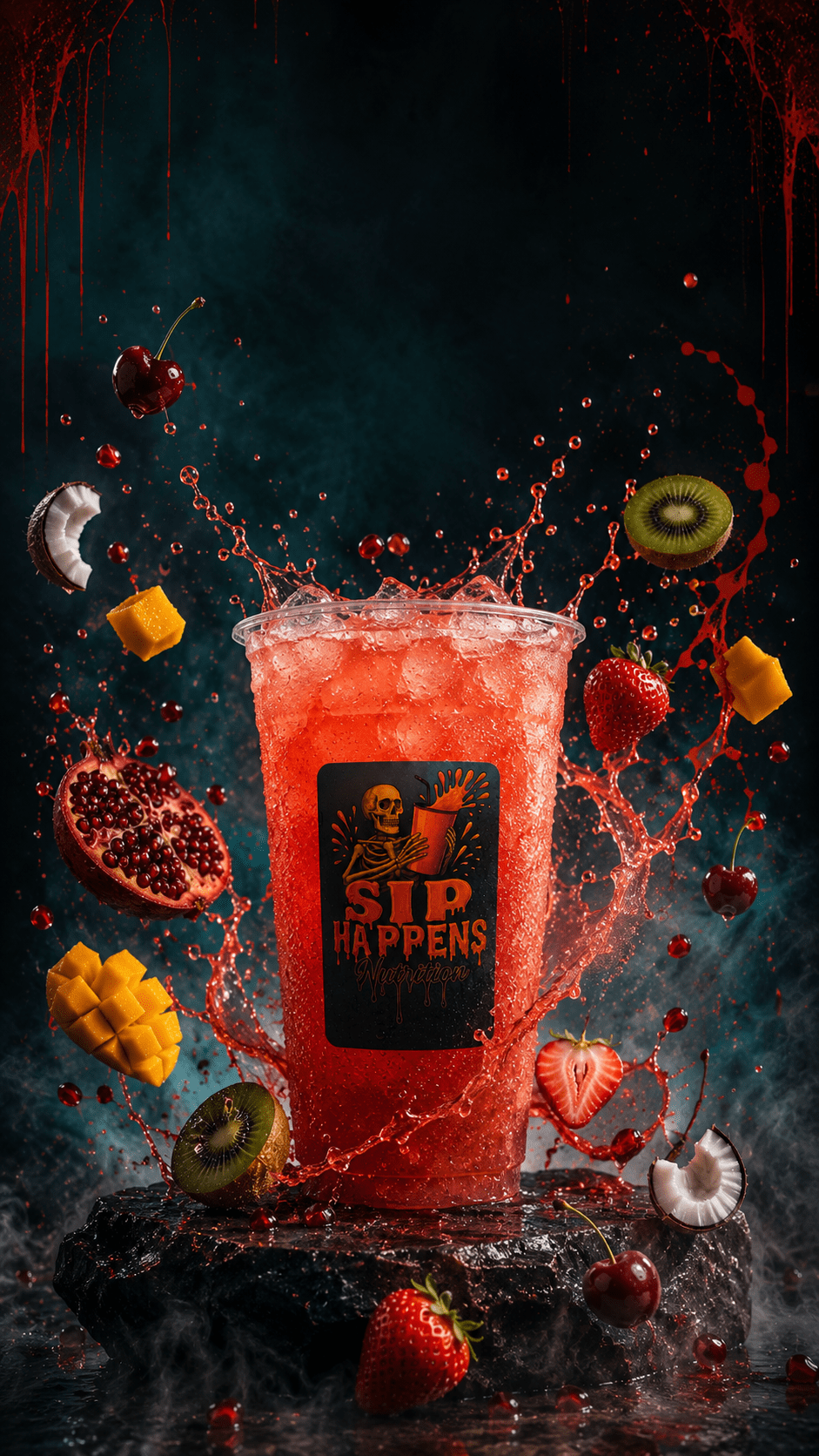 Sip Happens Nutrition red iced drink surrounded by splashing juice and floating fruits including cherries, kiwi, mango, strawberry, pomegranate, and coconut