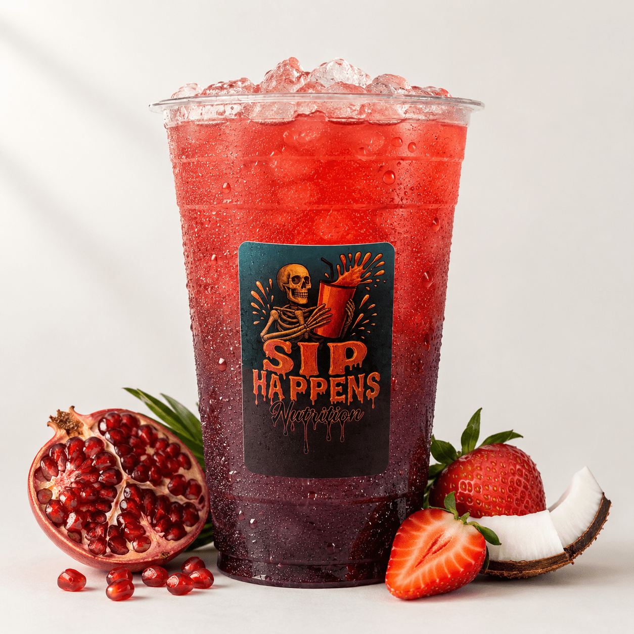 Sip Happens Nutrition iced drink with a red-to-purple gradient, surrounded by pomegranate, strawberries, and coconut