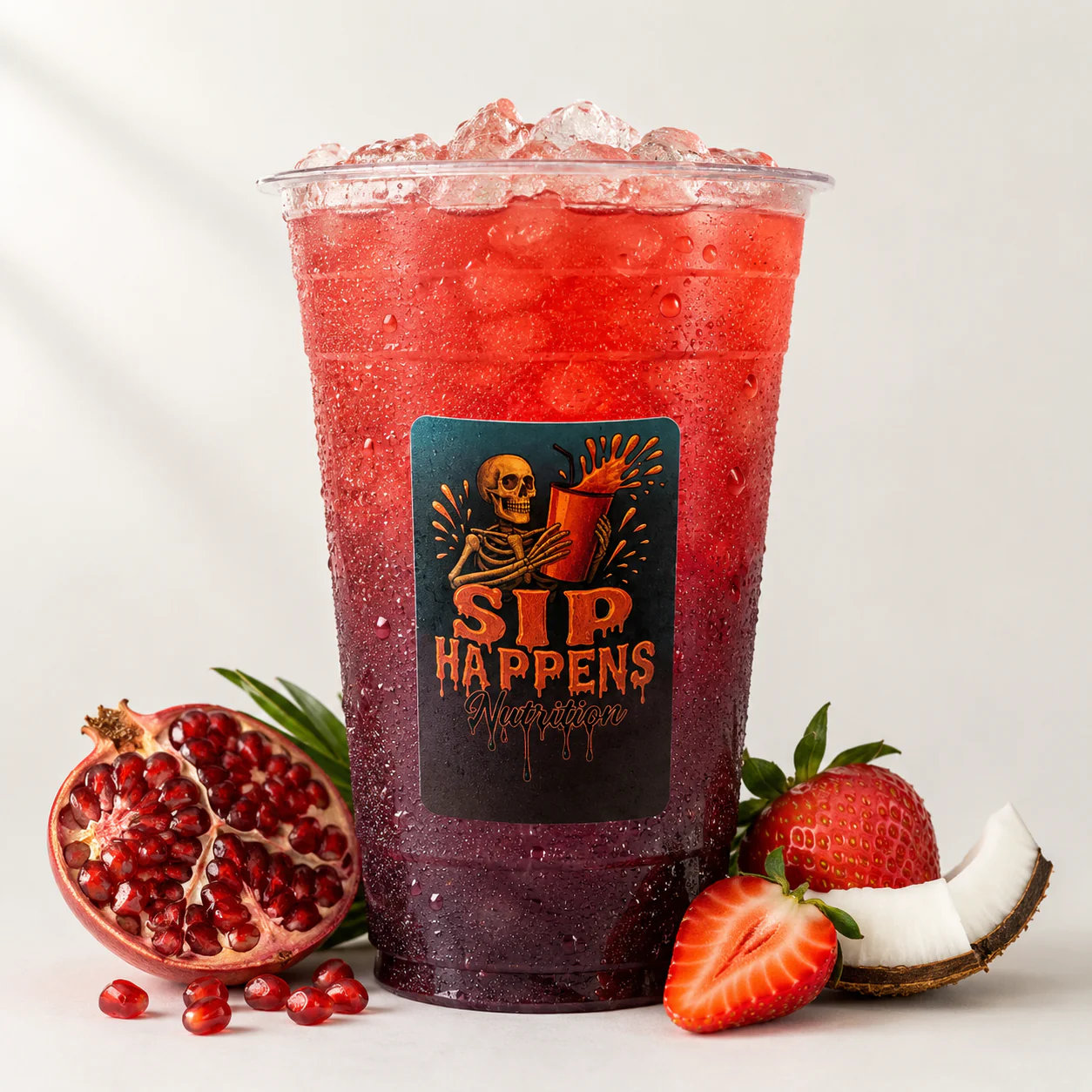 Sip Happens Nutrition iced drink with a red-to-purple gradient, surrounded by pomegranate, strawberries, and coconut