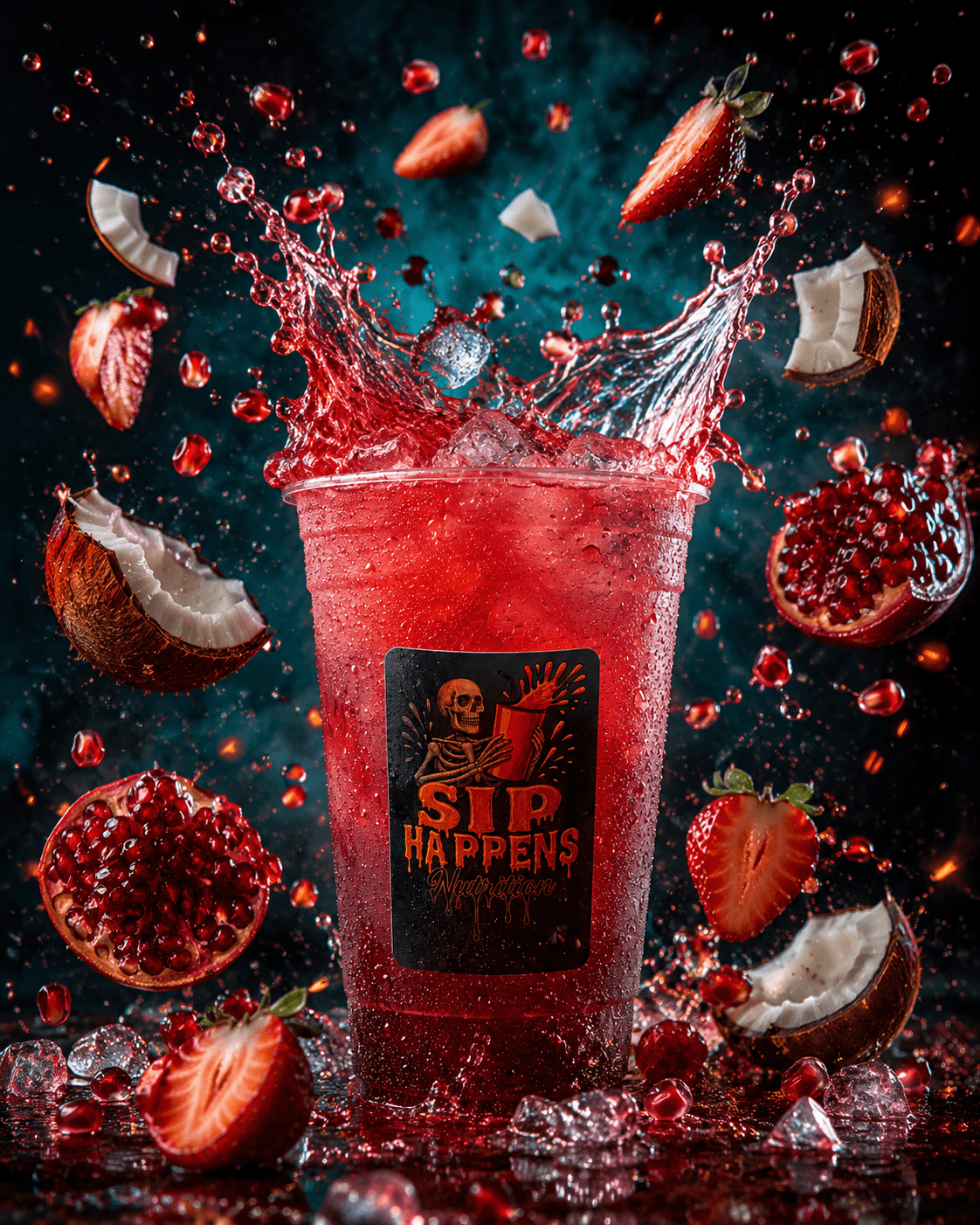 Sip Happens Nutrition red drink splashing in a cup surrounded by strawberries, pomegranate, and coconut pieces