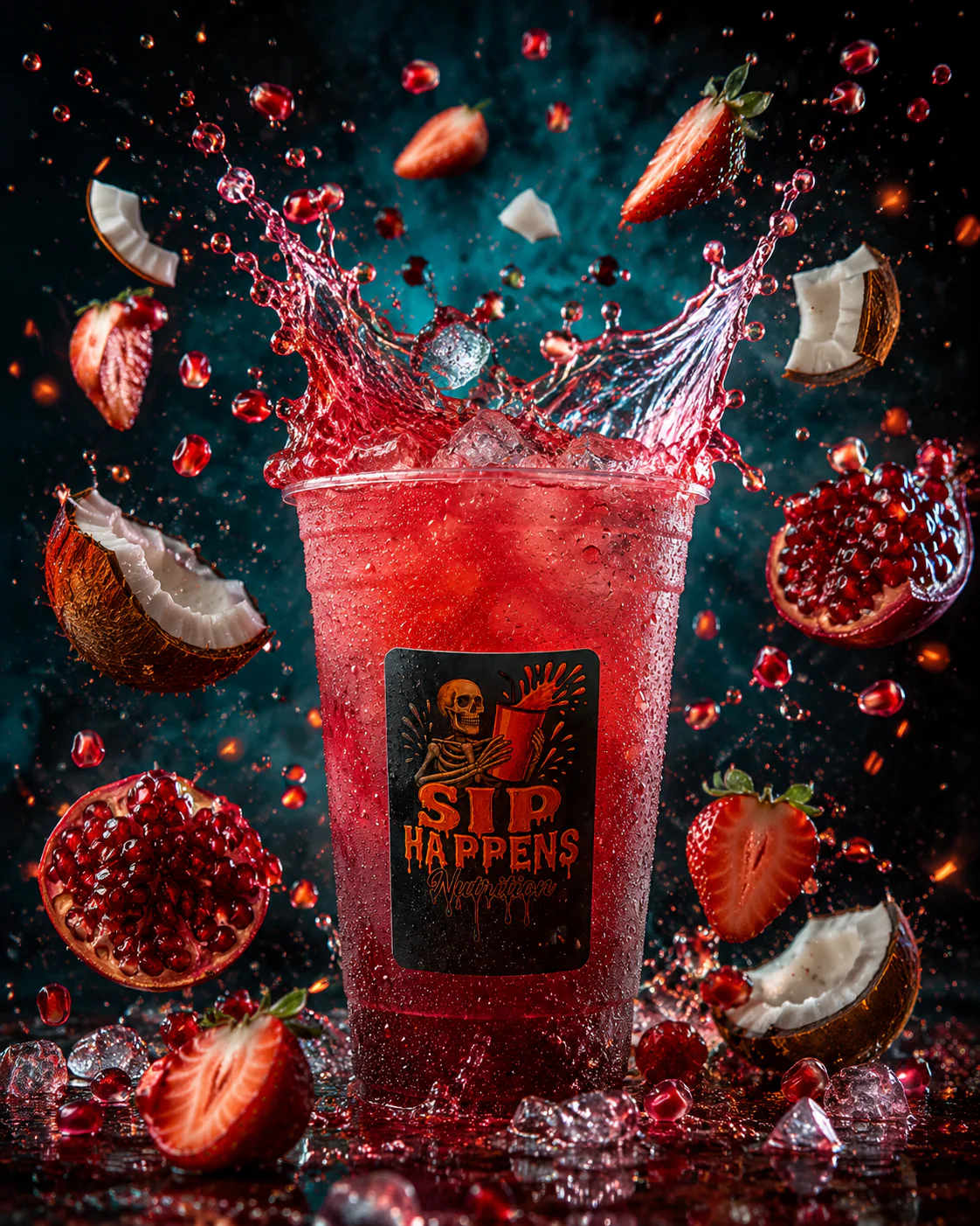 Sip Happens Nutrition red drink splashing in a cup surrounded by strawberries, pomegranate, and coconut pieces