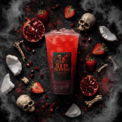 Sip Happens Nutrition iced drink with a red-to-dark gradient, surrounded by strawberries, pomegranate, coconut, and decorative skulls and bones