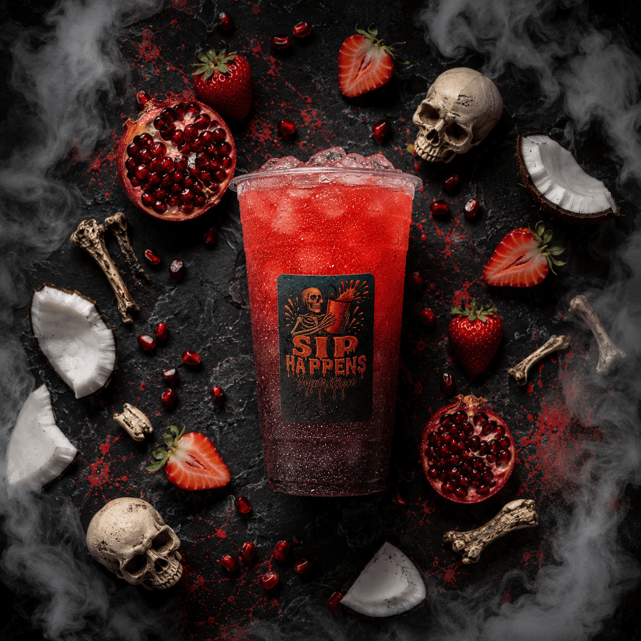 Sip Happens Nutrition iced drink with a red-to-dark gradient, surrounded by strawberries, pomegranate, coconut, and decorative skulls and bones