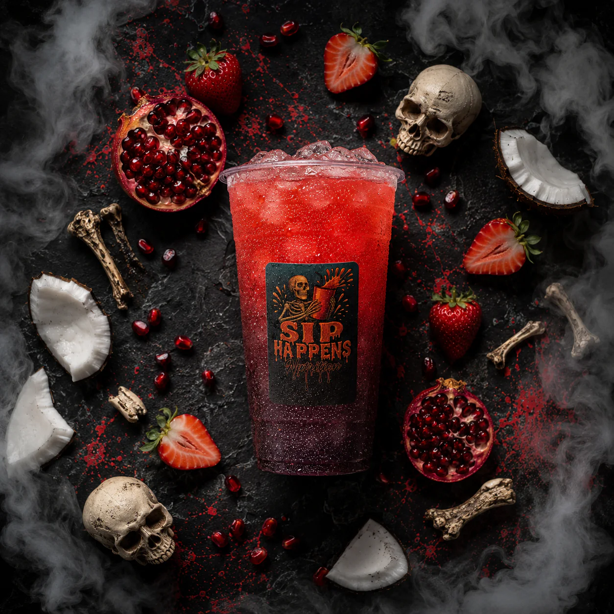 Sip Happens Nutrition iced drink with a red-to-dark gradient, surrounded by strawberries, pomegranate, coconut, and decorative skulls and bones