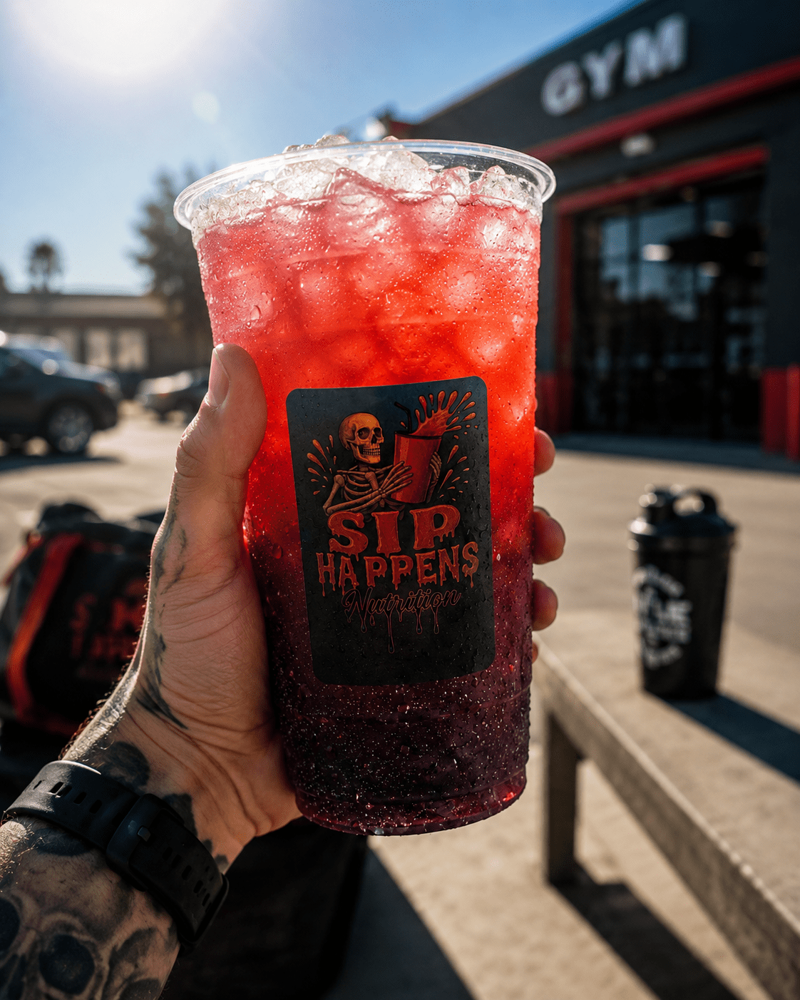 Tattooed hand holding a Sip Happens Nutrition iced drink outside a gym, with a deep red-to-purple gradient and crushed ice