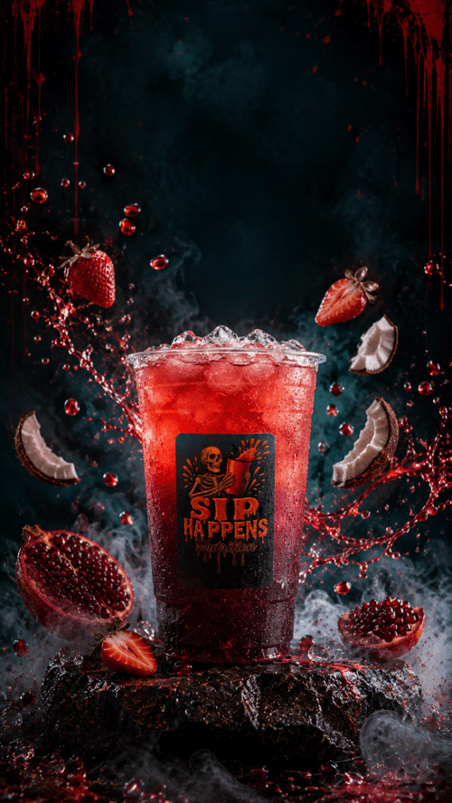 Sip Happens Nutrition iced drink with strawberry, pomegranate, and coconut, surrounded by dramatic red splashes and dark smoky background