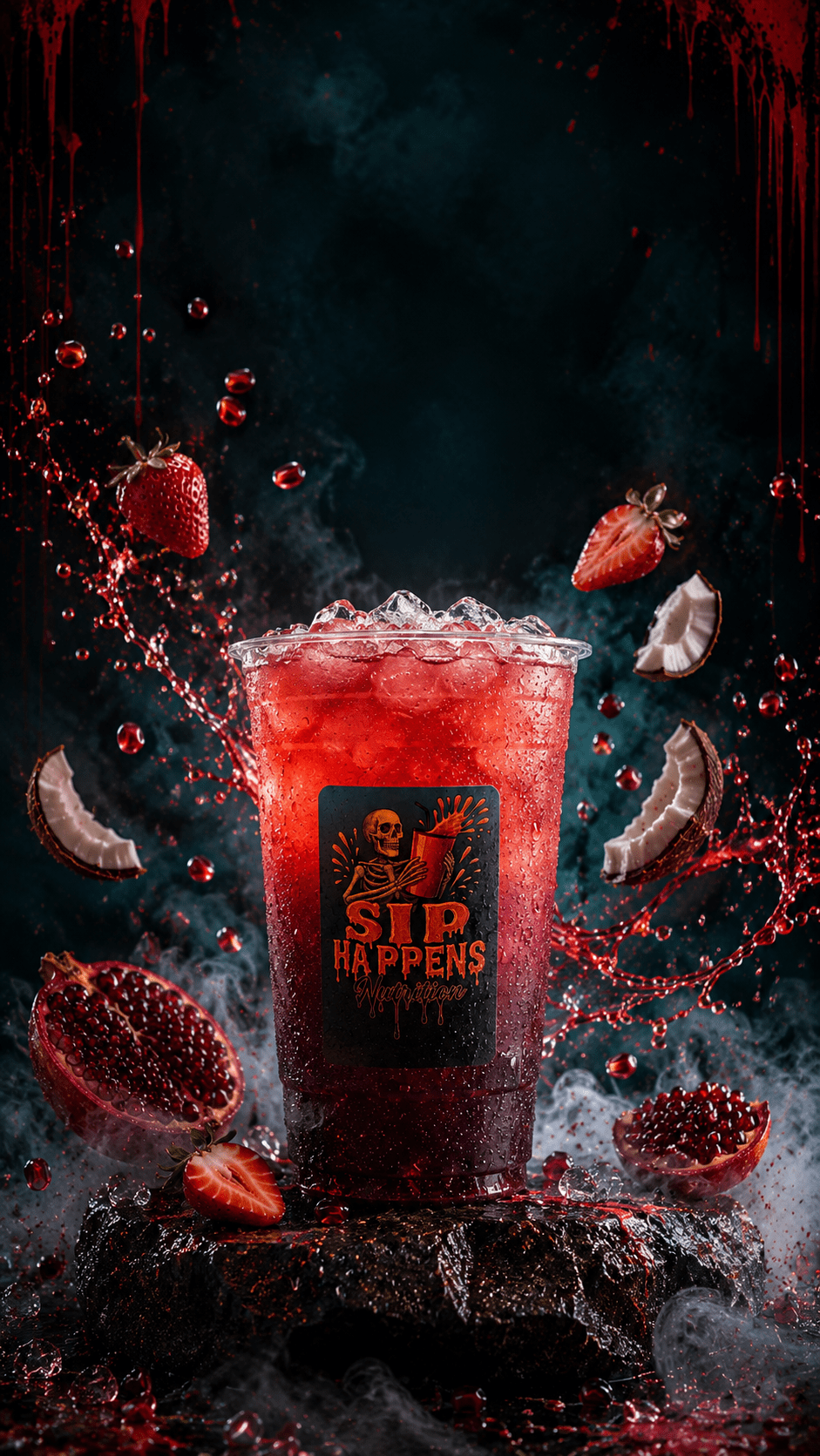 Sip Happens Nutrition iced drink with strawberry, pomegranate, and coconut, surrounded by dramatic red splashes and dark smoky background