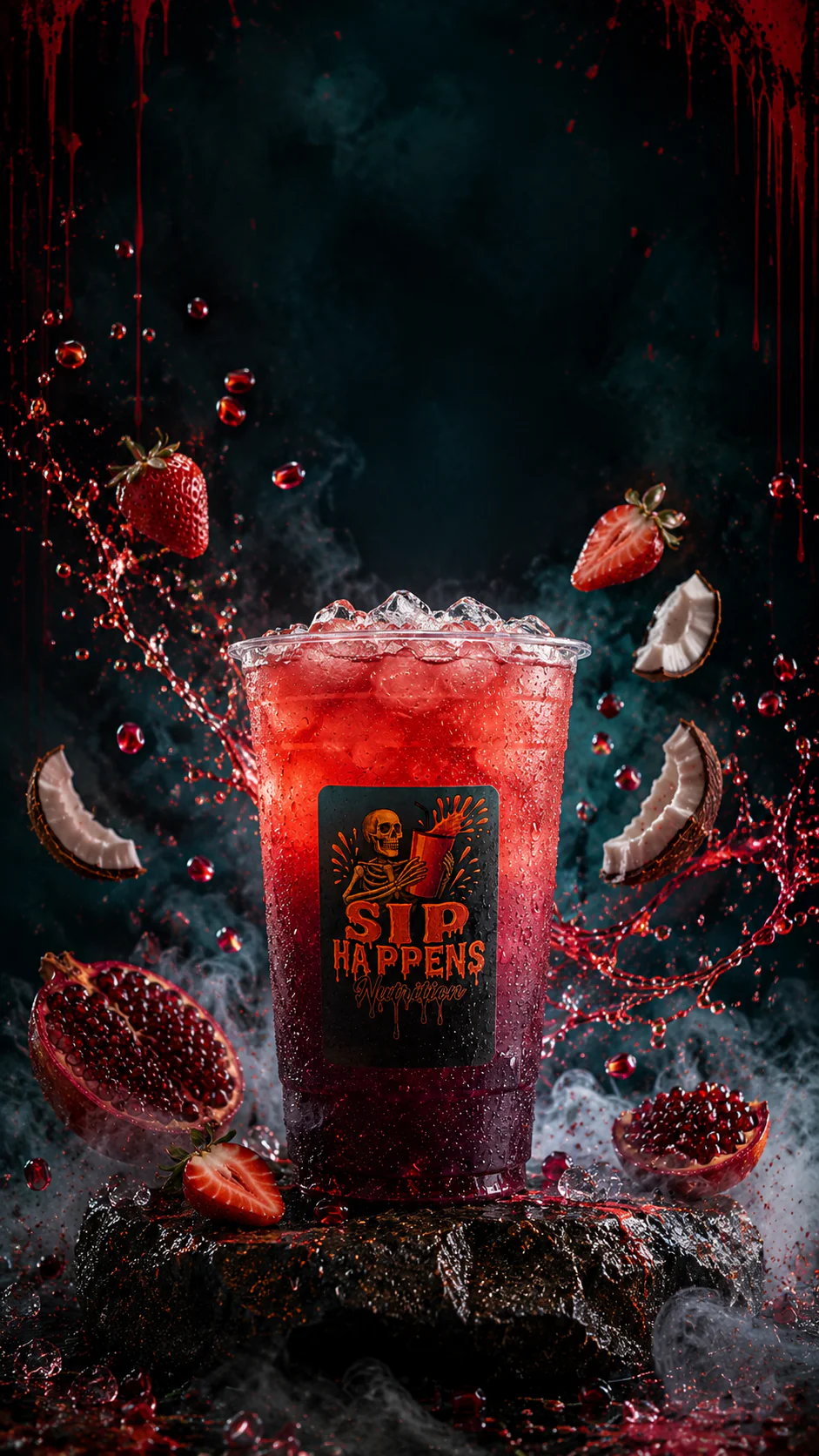 Sip Happens Nutrition iced drink with strawberry, pomegranate, and coconut, surrounded by dramatic red splashes and dark smoky background