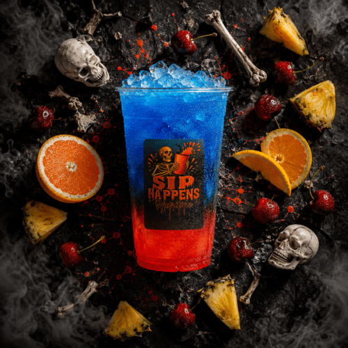 Sip Happens Nutrition branded cup with a blue-to-red layered iced drink, surrounded by cherries, pineapple, and orange slices with Halloween skull decorations