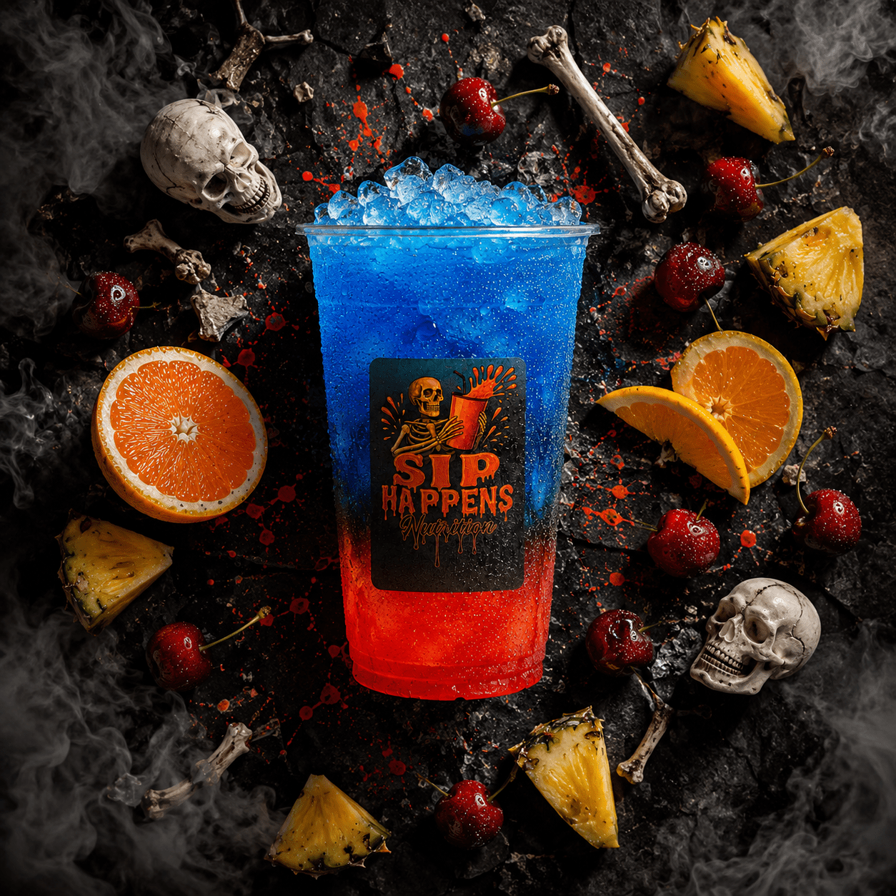 Sip Happens Nutrition branded cup with a blue-to-red layered iced drink, surrounded by cherries, pineapple, and orange slices with Halloween skull decorations