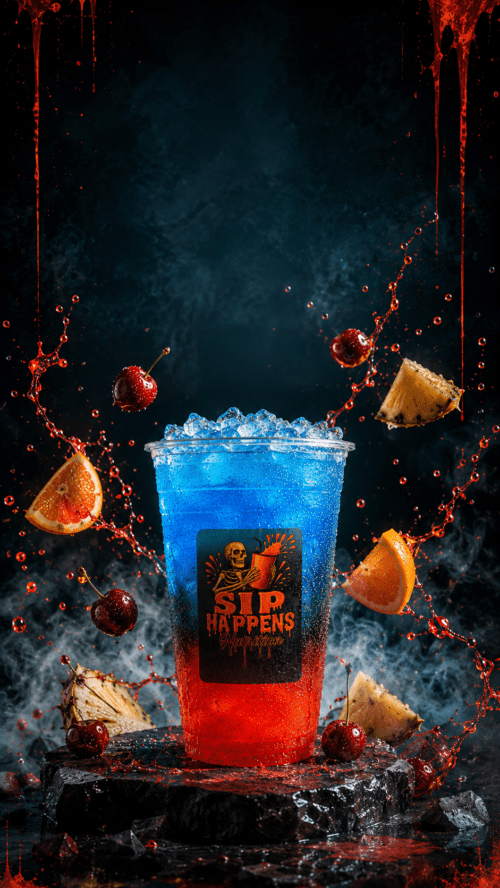 Sip Happens Nutrition layered blue and red iced drink surrounded by cherries, orange slices, and pineapple chunks
