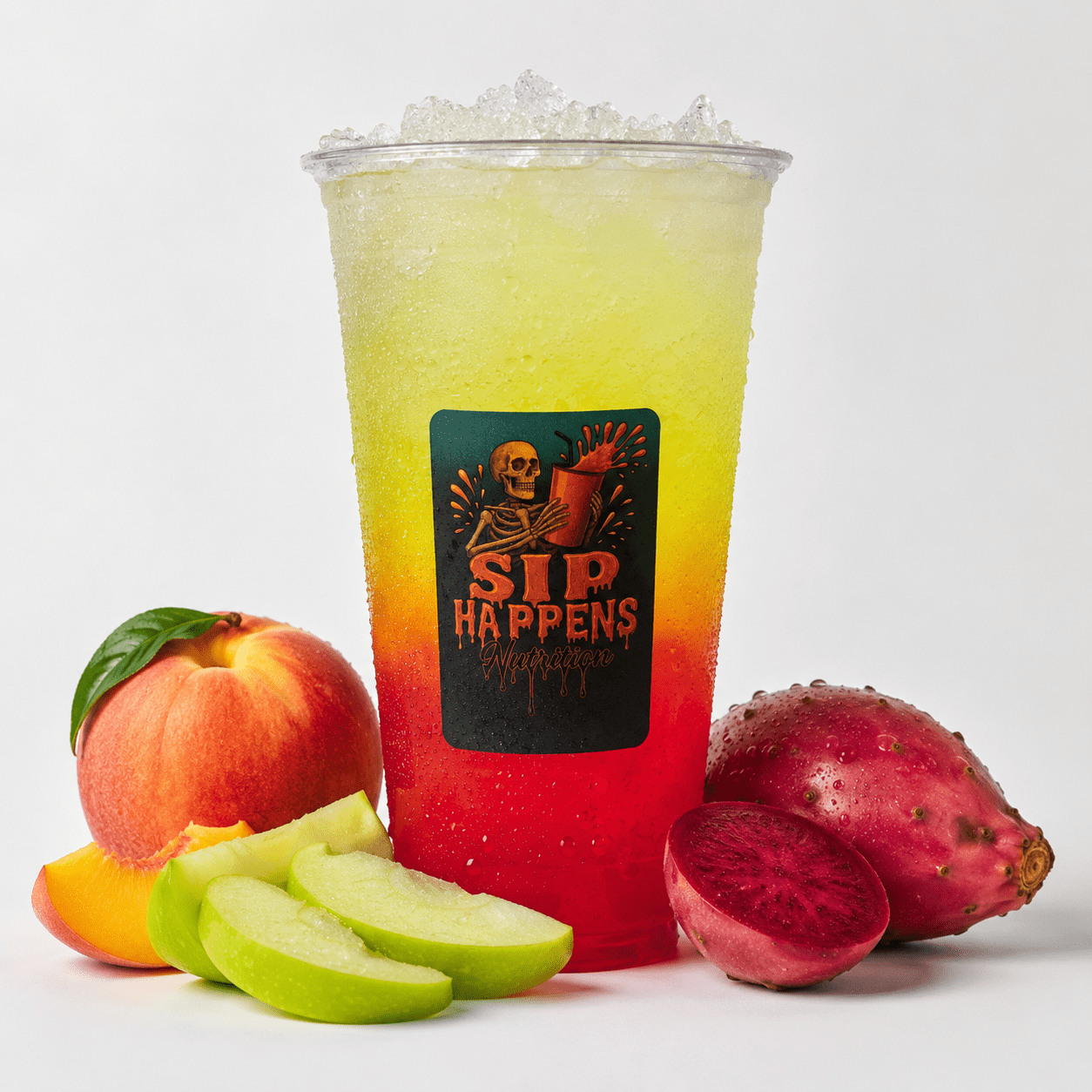 Sip Happens Nutrition iced drink with a red-to-yellow gradient, surrounded by peach, green apple slices, and prickly pear fruit