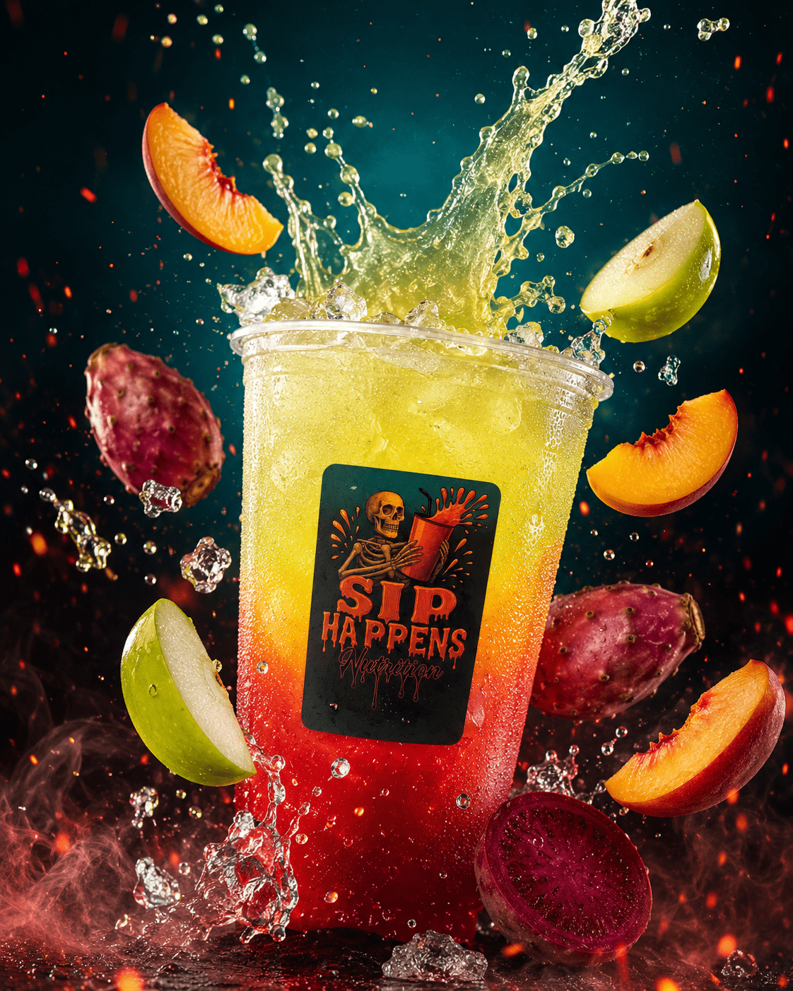 Sip Happens Nutrition drink cup with a red-to-yellow gradient, surrounded by splashing liquid, peach slices, green apple, and prickly pear fruit