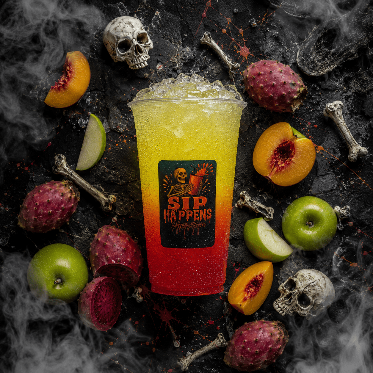 Sip Happens Nutrition iced drink with a red-to-yellow gradient, surrounded by peaches, green apples, and prickly pears on a Halloween-themed dark surface