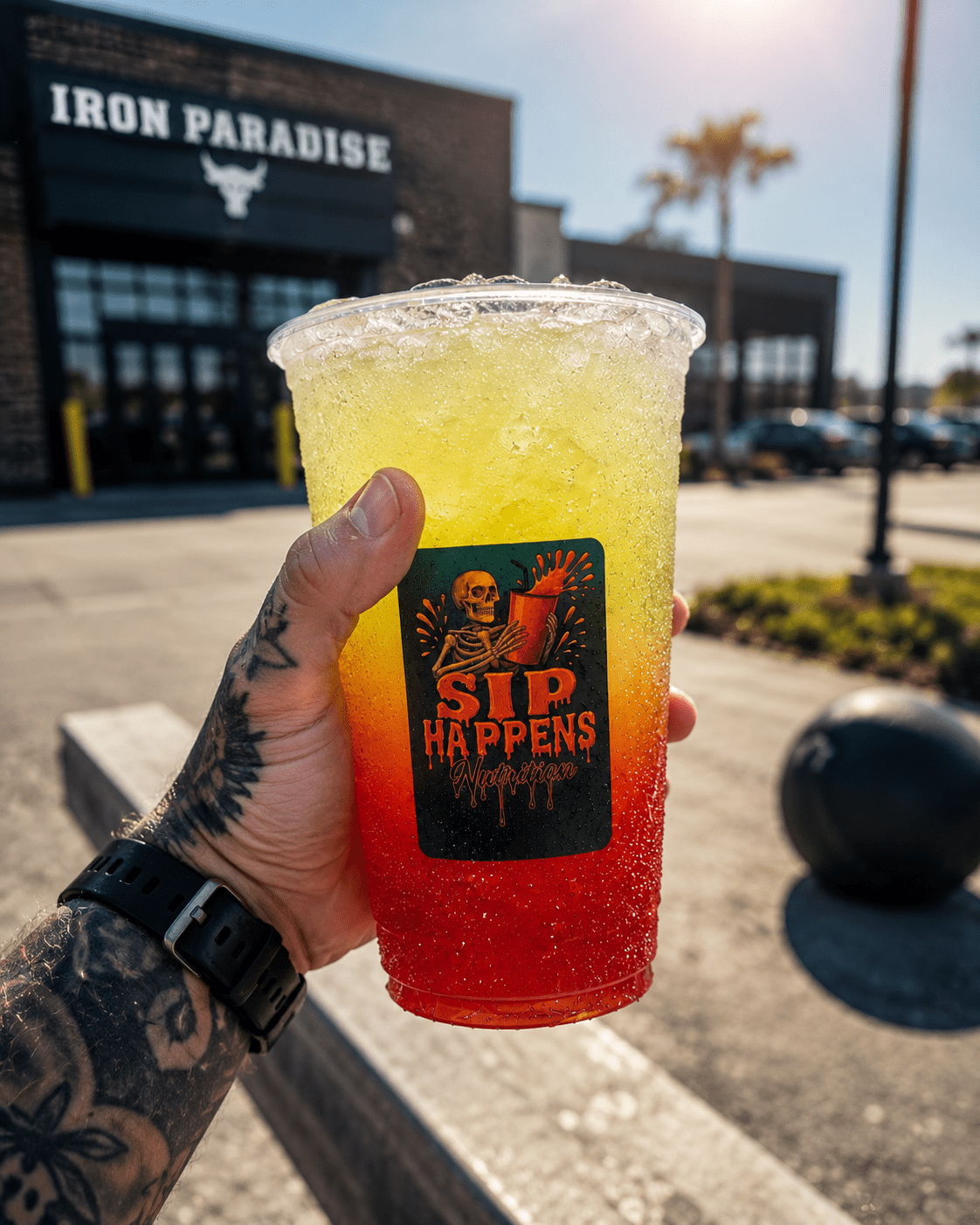 Tattooed hand holding a Sip Happens Nutrition drink with red-to-yellow gradient outside Iron Paradise gym