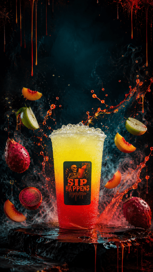 Sip Happens Nutrition drink in a red-to-yellow gradient cup surrounded by splashing fruit including peach, apple, and dragon fruit