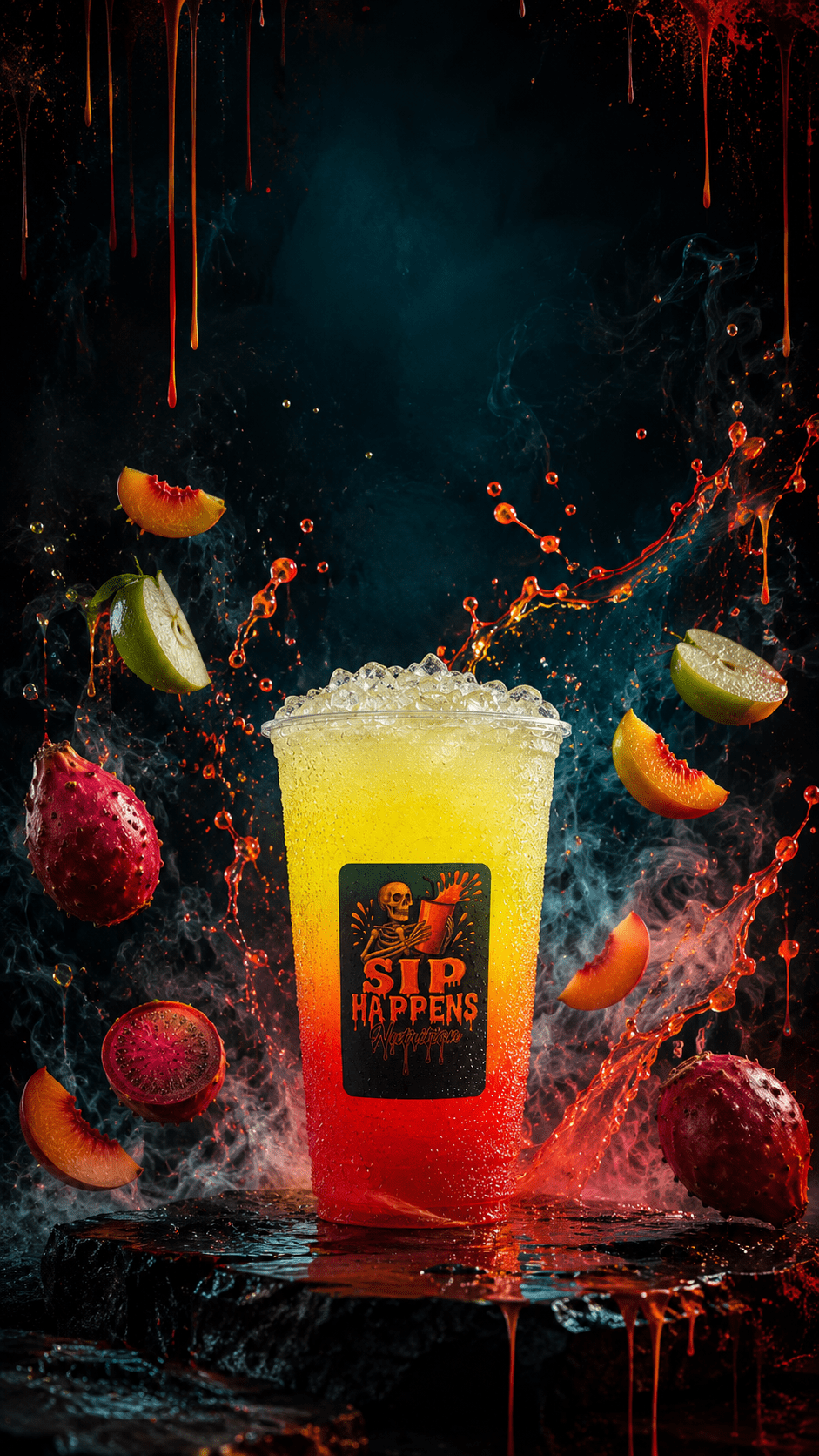 Sip Happens Nutrition drink in a red-to-yellow gradient cup surrounded by splashing fruit including peach, apple, and dragon fruit
