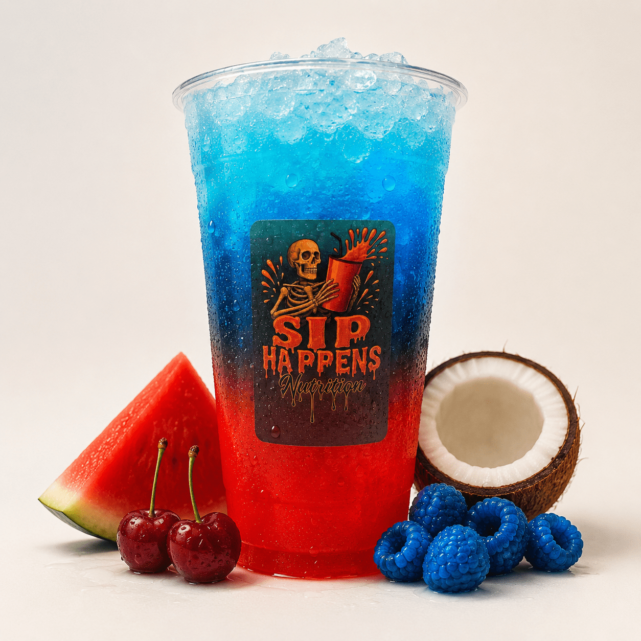Sip Happens Nutrition iced drink with red-to-blue layered colors, surrounded by watermelon, cherries, blue raspberries, and coconut