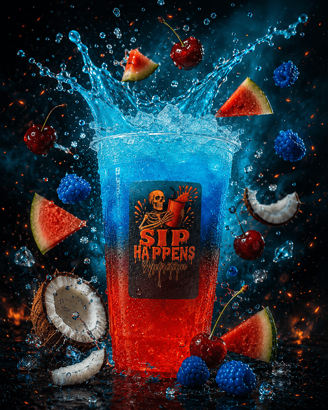 Sip Happens Nutrition iced drink in a cup with red and blue layers, surrounded by splashing liquid, cherries, watermelon, blueberries, and coconut