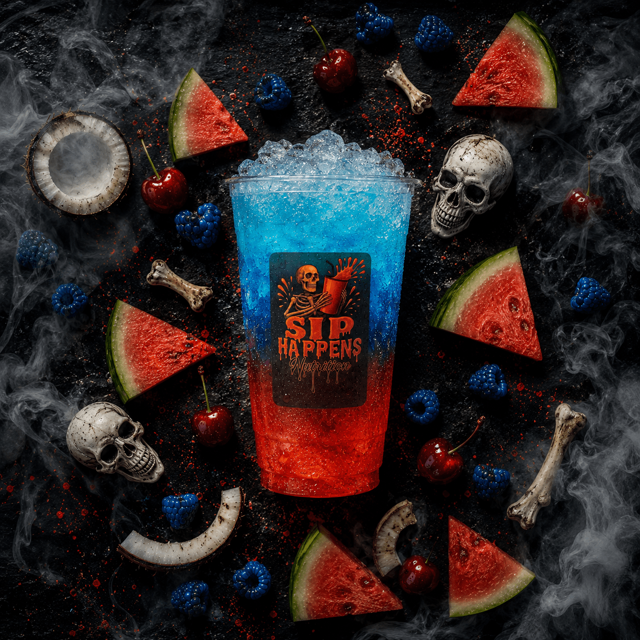 Sip Happens Nutrition branded cup filled with a layered red and blue iced drink, surrounded by watermelon, cherries, raspberries, coconut, and decorative skulls and bones