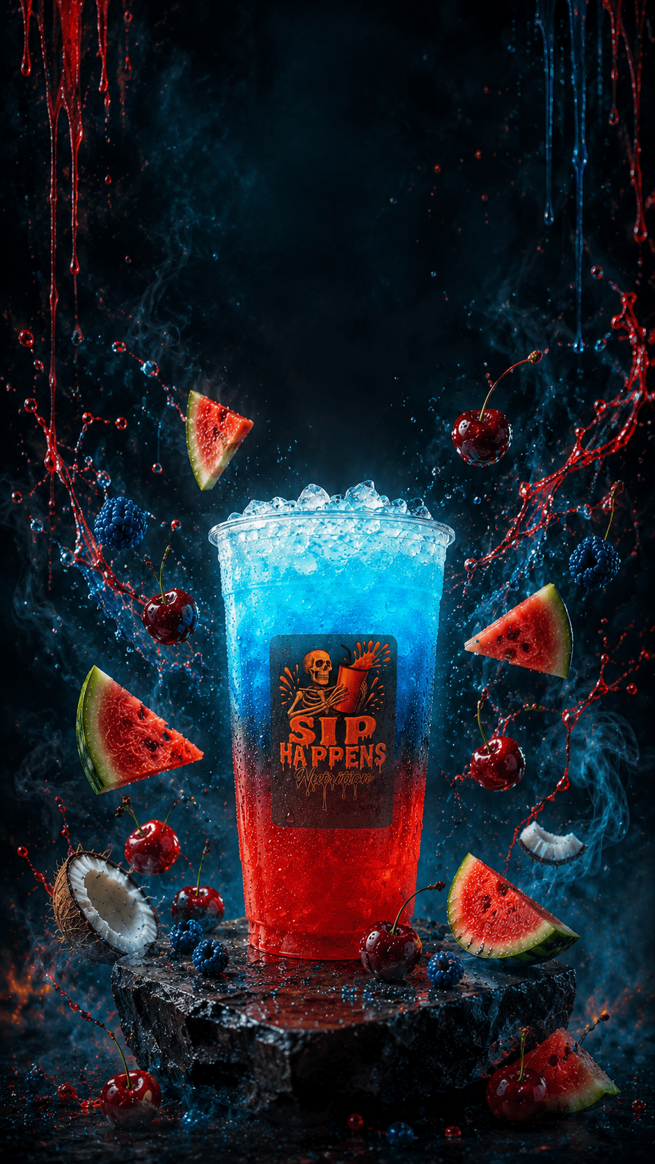 Sip Happens Nutrition iced drink with a red-to-blue gradient, surrounded by watermelon, cherries, blackberries, and coconut