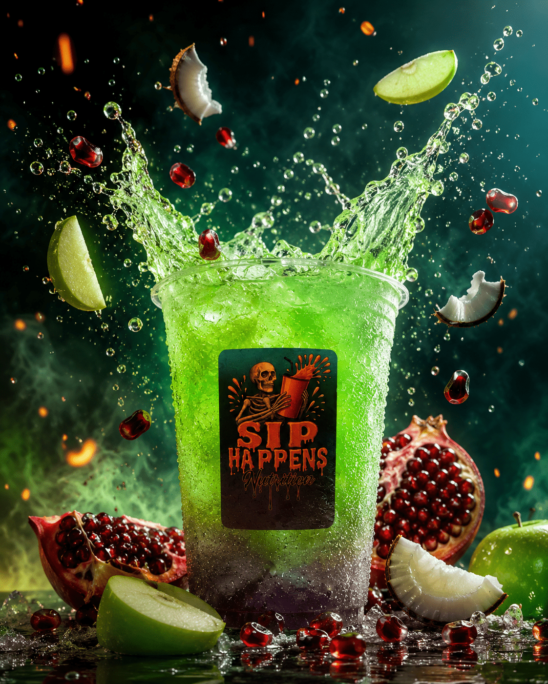 Sip Happens Nutrition green iced drink splashing with pomegranate, green apple, and coconut pieces flying around it