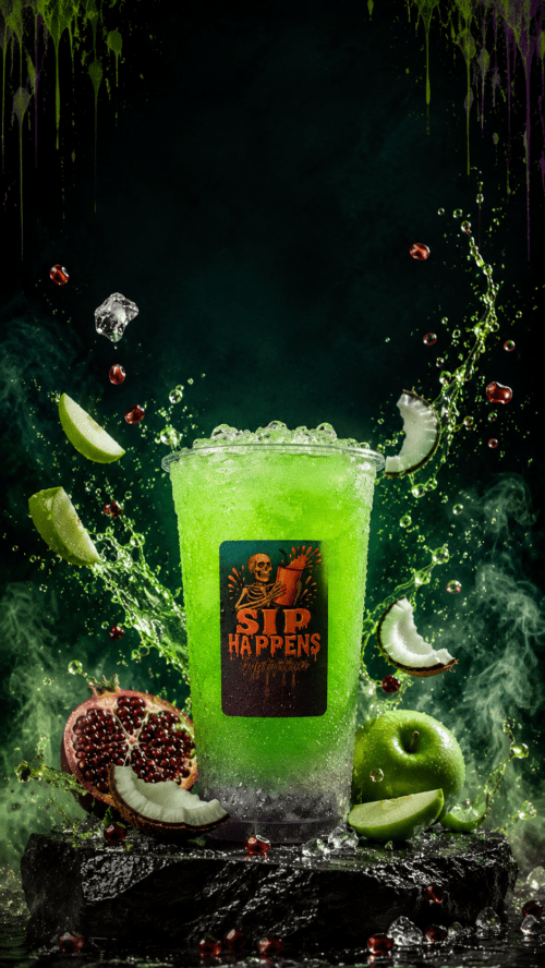 Sip Happens Nation bright green iced drink surrounded by splashing liquid, green apple, pomegranate, and coconut pieces