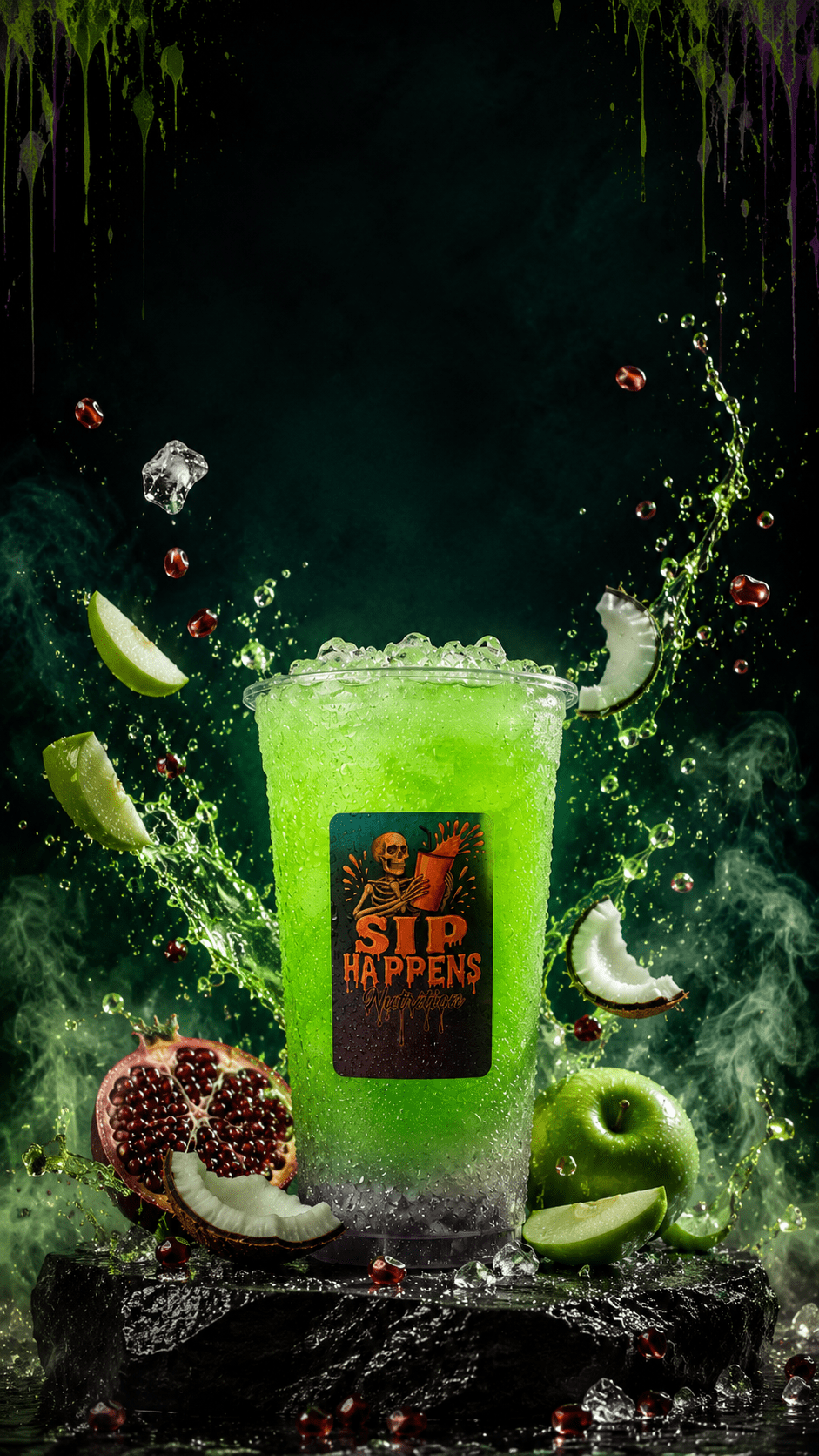 Sip Happens Nation bright green iced drink surrounded by splashing liquid, green apple, pomegranate, and coconut pieces
