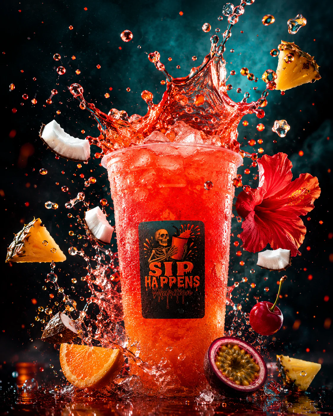 Sip Happens Nutrition red iced drink splashing with tropical fruits including pineapple, coconut, orange, cherry, and passion fruit