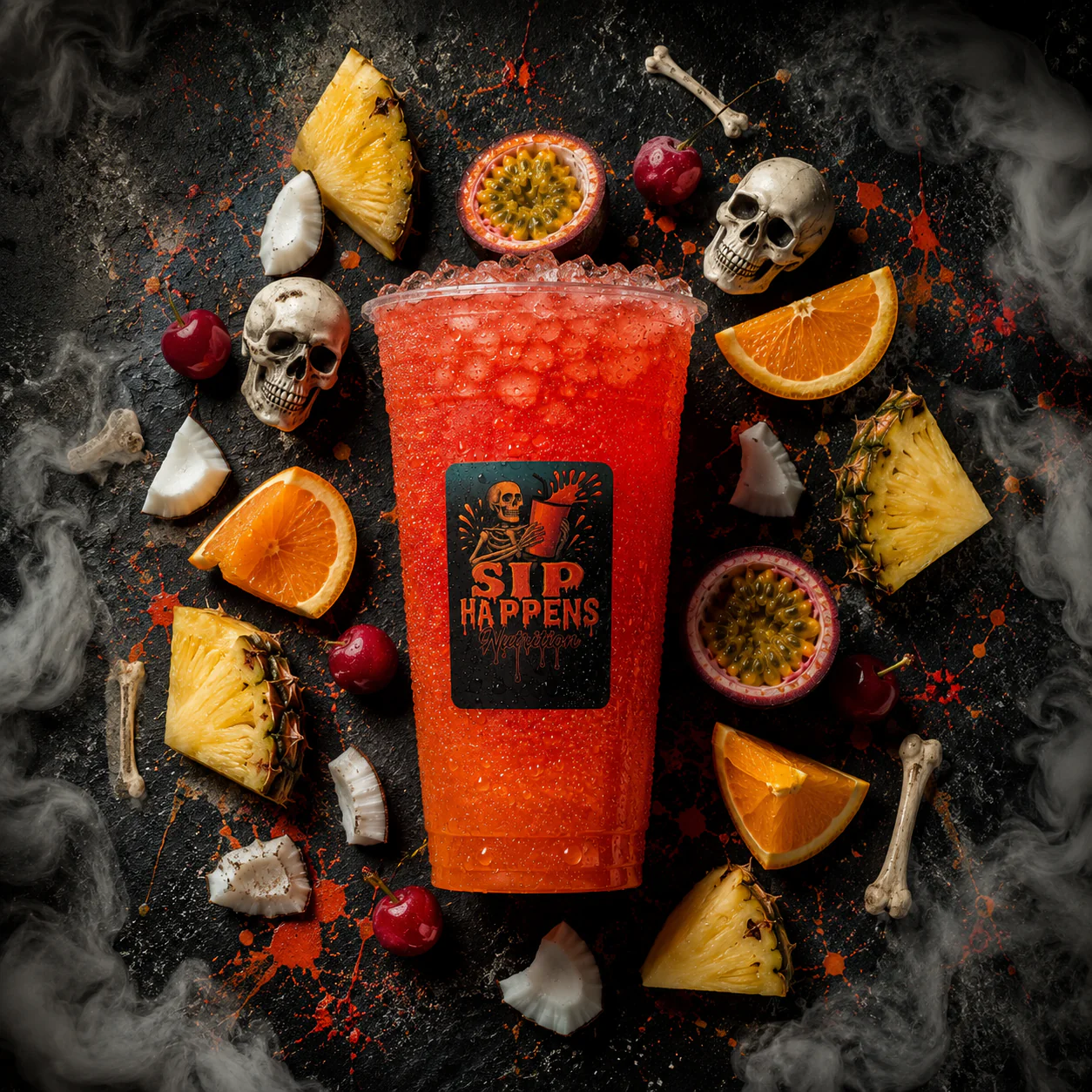 Sip Happens Nutrition red iced drink surrounded by tropical fruits, cherries, skulls, and bones on a dark smoky background