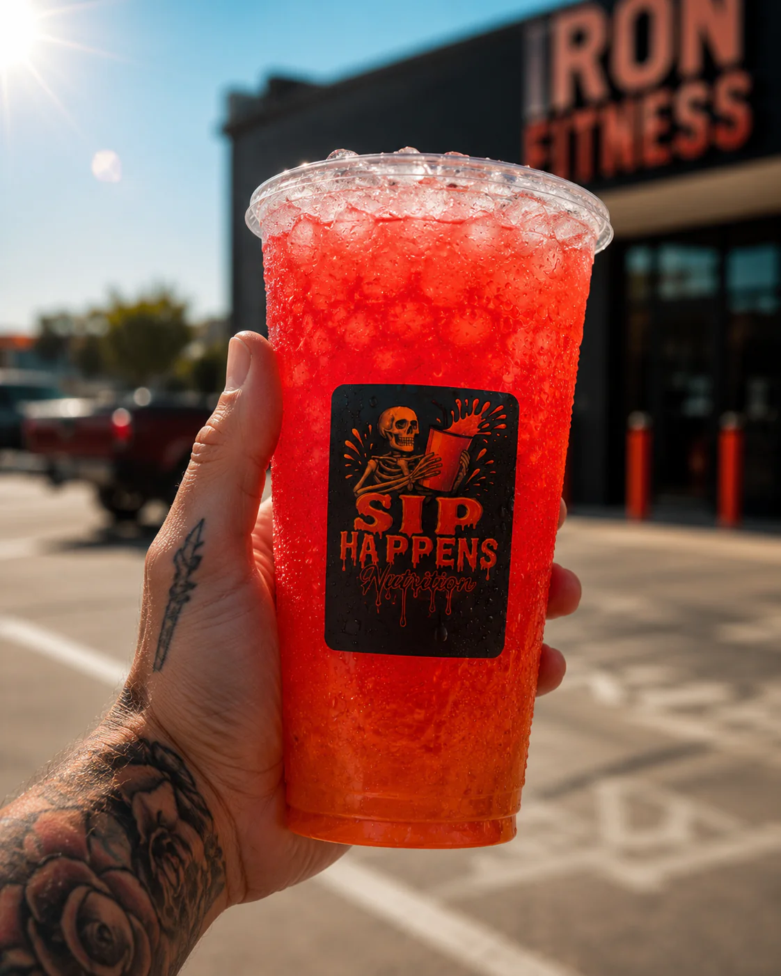 Tattooed hand holding a large red iced drink with a Sip Happens Nutrition logo outside a fitness center