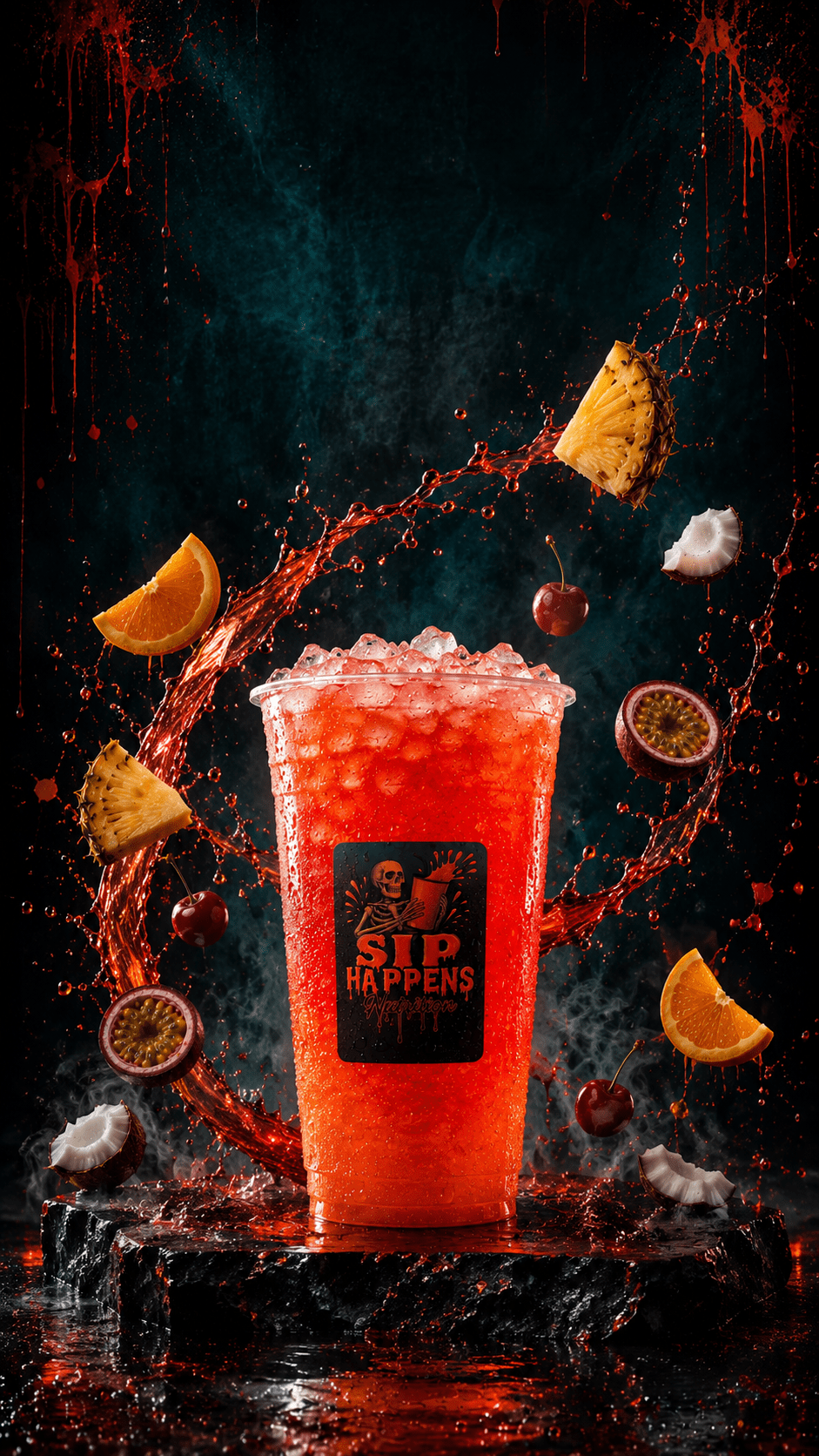 Sip Happens branded red iced drink surrounded by splashing juice and flying fruit including pineapple, orange, cherry, coconut, and passion fruit