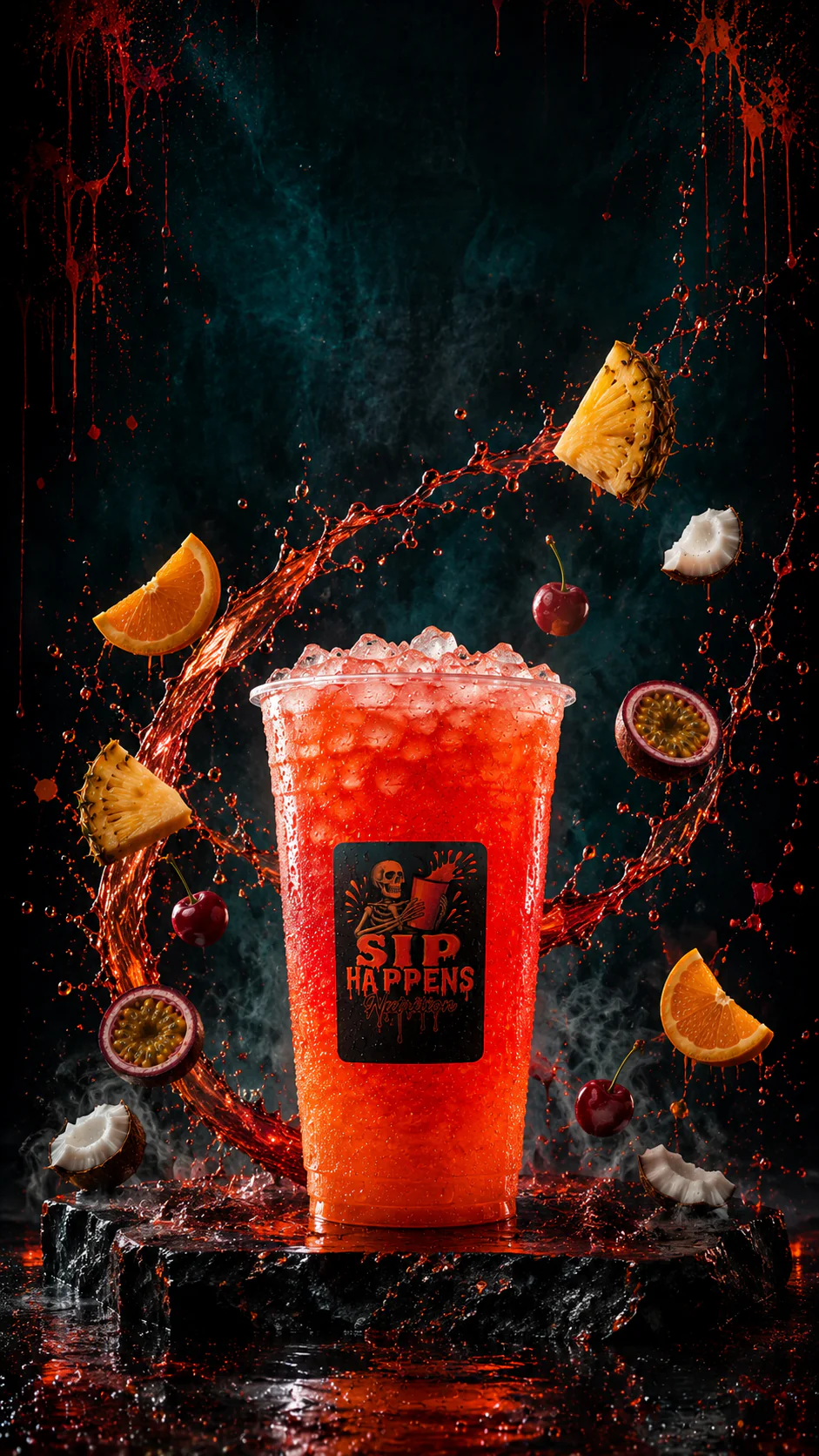 Sip Happens branded red iced drink surrounded by splashing juice and flying fruit including pineapple, orange, cherry, coconut, and passion fruit