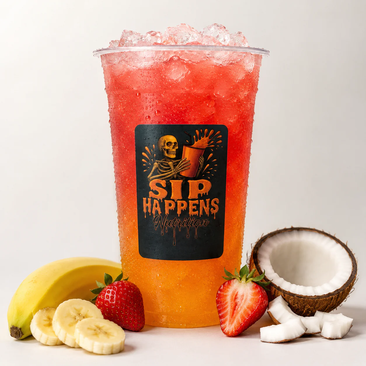Sip Happens Nutrition iced drink with an orange-to-red gradient, surrounded by banana, strawberries, and coconut