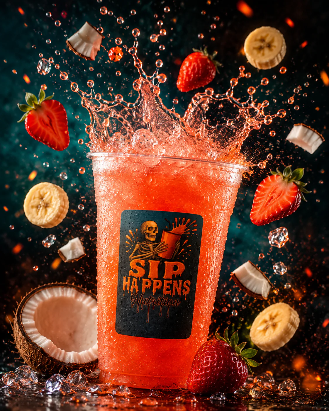 Sip Happens Nutrition iced drink splashing with strawberries, banana slices, and coconut pieces flying around the cup