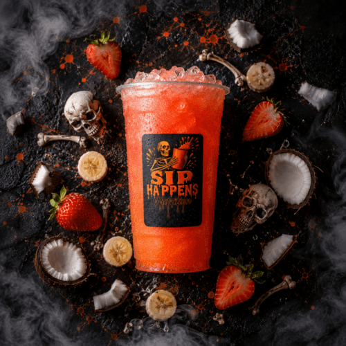 Sip Happens Nutrition iced drink in a branded cup surrounded by strawberries, coconut, and banana slices on a dark Halloween-themed surface