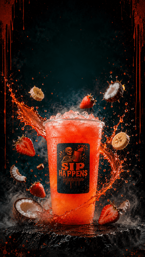 Sip Happens Nutrition branded red-orange iced drink surrounded by splashing liquid, strawberries, banana slices, and coconut pieces