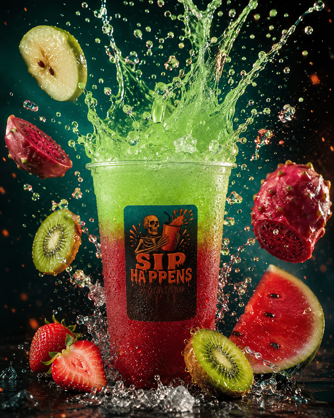 Sip Happens Nutrition branded cup with a green-to-red layered fruit drink splashing upward, surrounded by kiwi, watermelon, dragon fruit, strawberries, and apple slices