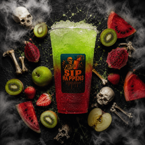 Sip Happens branded iced drink with a red-to-green gradient, surrounded by fresh fruit and Halloween skull decorations with dry ice smoke