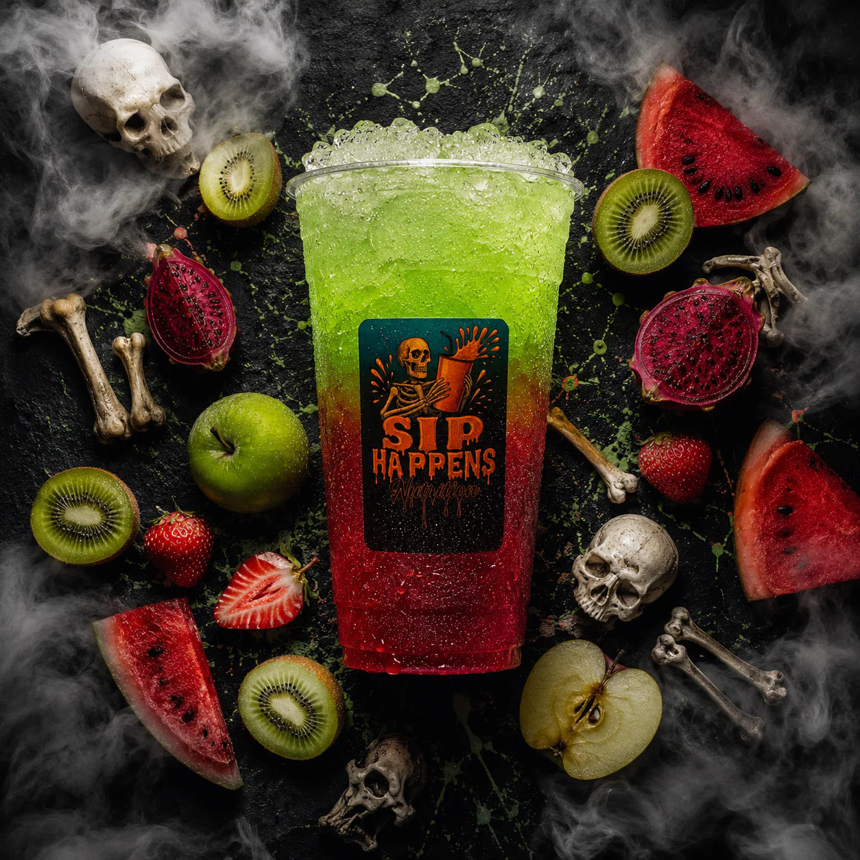 Sip Happens branded iced drink with a red-to-green gradient, surrounded by fresh fruit and Halloween skull decorations with dry ice smoke