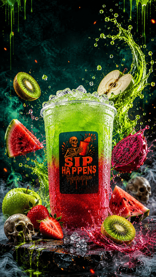 Sip Happens Nutrition iced drink with green-to-red gradient, surrounded by kiwi, watermelon, apple, dragon fruit, and strawberries