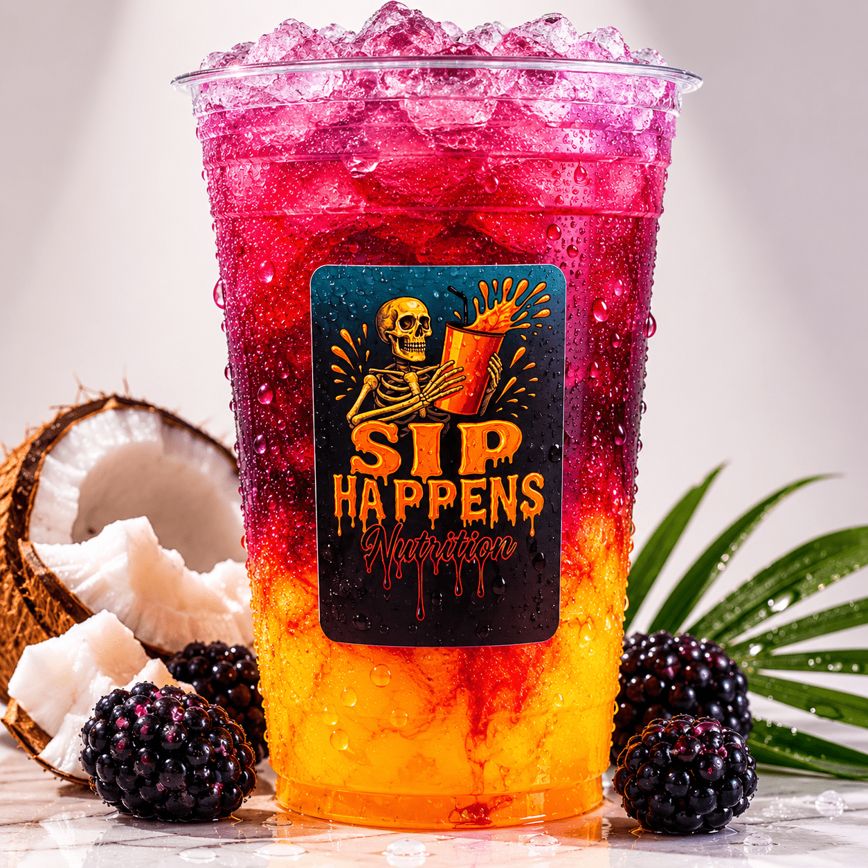 Sip Happens Nutrition iced drink with layered orange-to-pink gradient, topped with crushed ice, surrounded by blackberries and coconut
