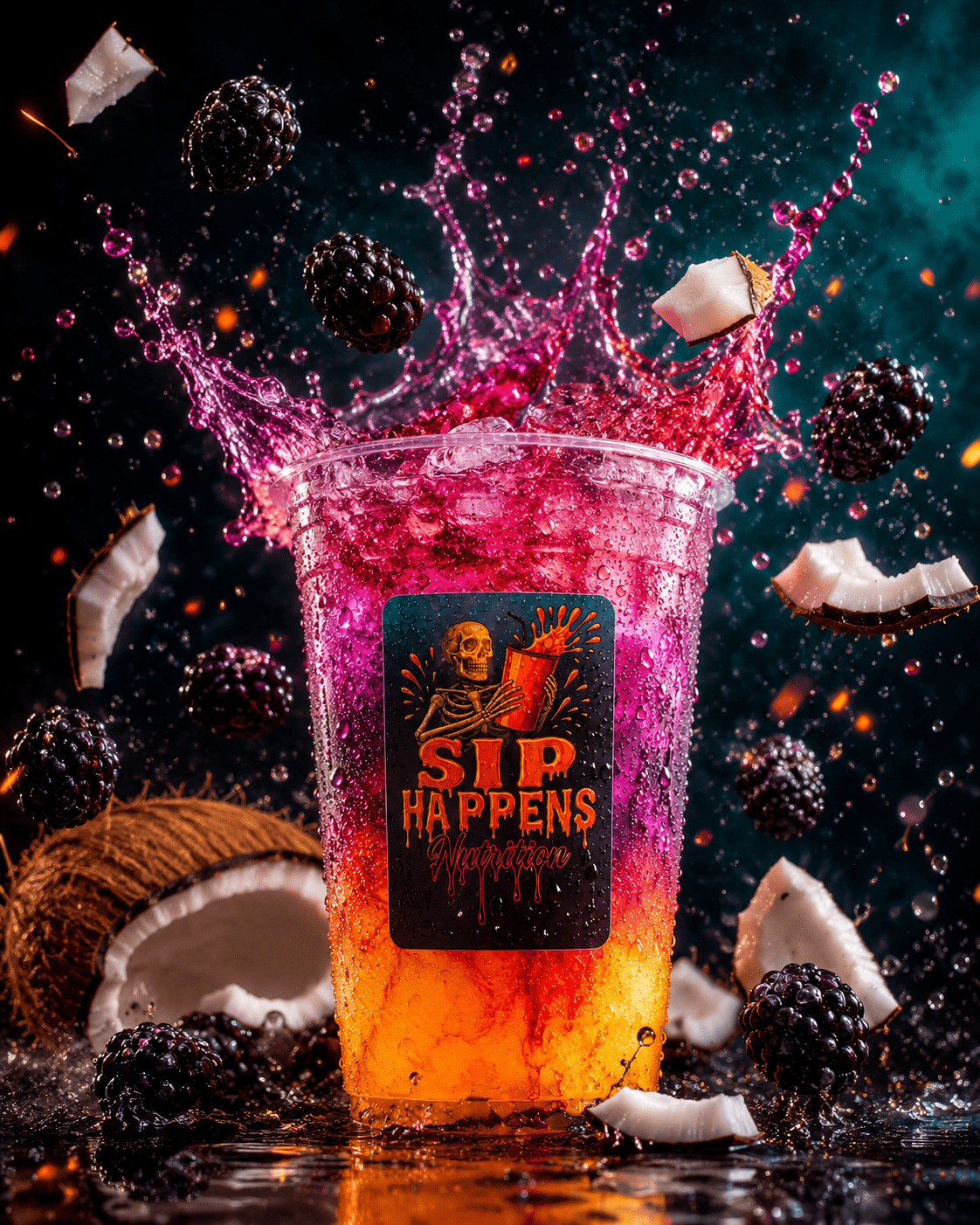 Sip Happens Nutrition iced drink in a clear cup with a vibrant pink-to-orange gradient, surrounded by splashing liquid, blackberries, and coconut pieces
