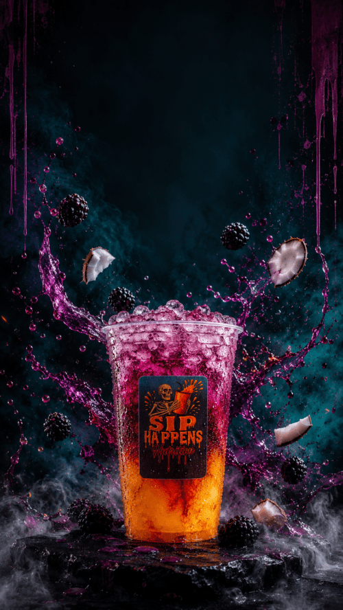 Sip Happens Nutrition iced drink with blackberry coconut flavors, surrounded by dramatic purple splashes and floating fruit pieces