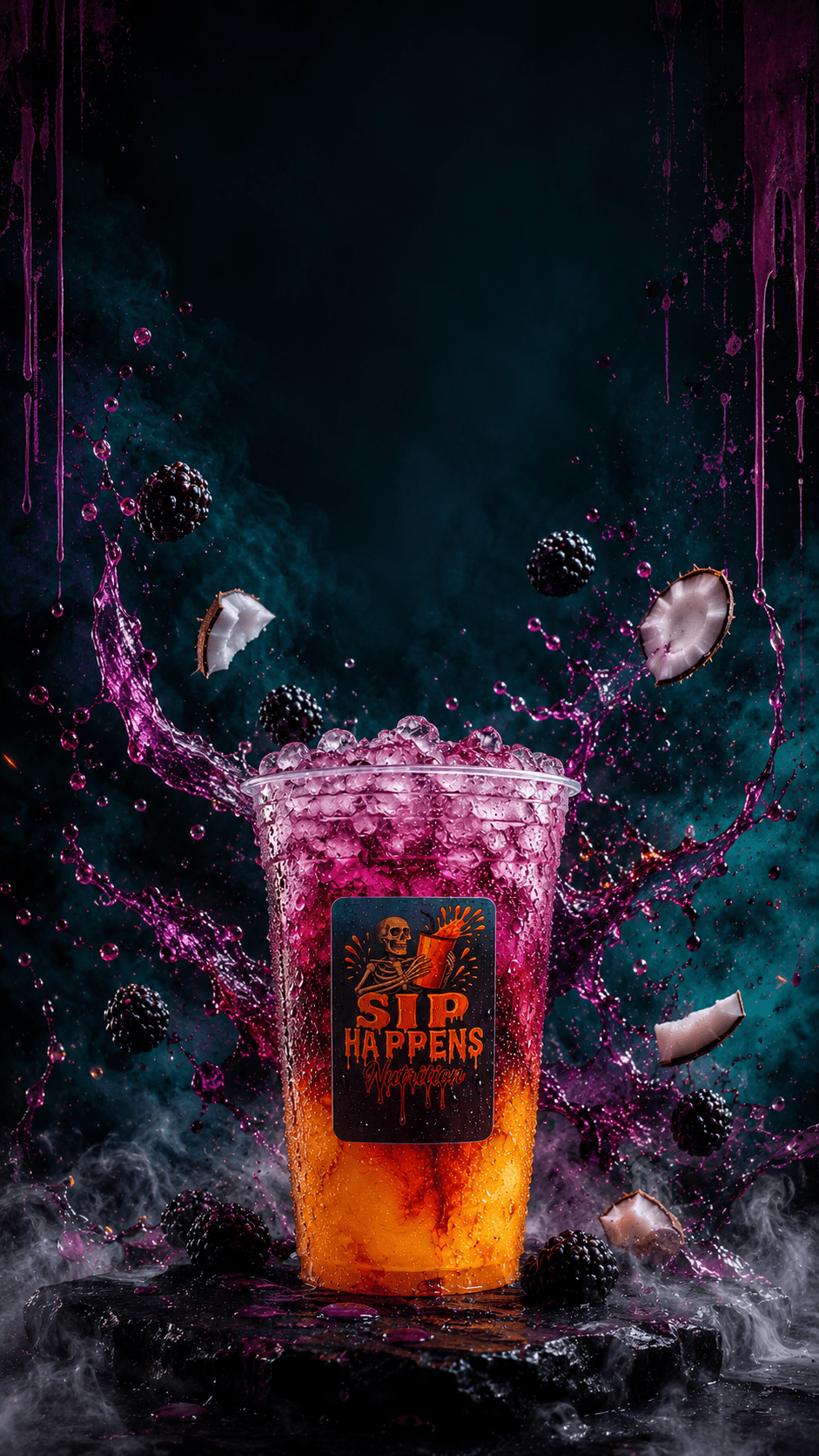 Sip Happens Nutrition iced drink with blackberry coconut flavors, surrounded by dramatic purple splashes and floating fruit pieces