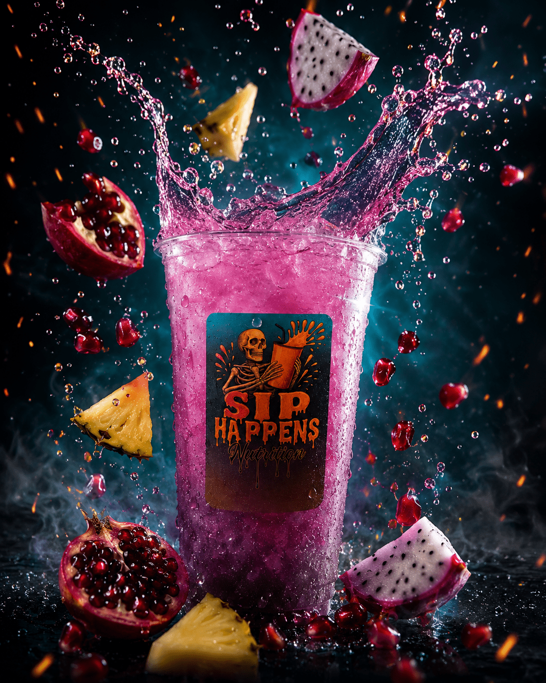 Sip Happens Nutrition branded cup filled with a vibrant pink drink, splashing with pomegranate, dragon fruit, and pineapple pieces flying around it